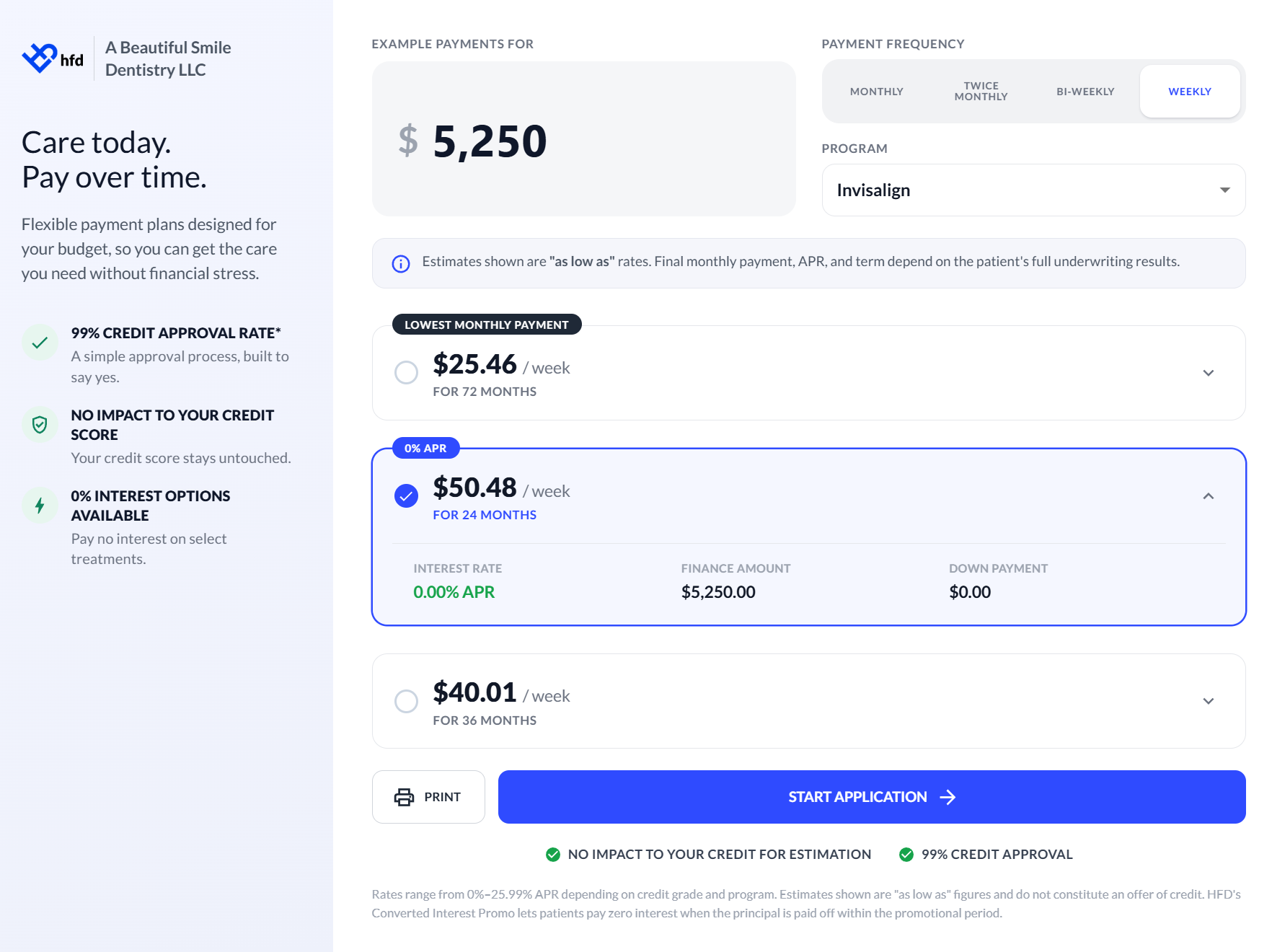 HFD Invisalign financing at A Beautiful Smile Dentistry in Boston, MA, showing $25.46 weekly payments over 72 months and a 0% APR financing option.